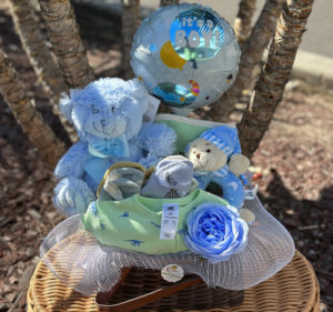 Baby Boy Gift Basket – teddy bear, growsuite/ bib, wipe, wrap or baby towel