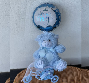 Gift basket of teddy bear and balloon (Baby Boy) on tri bicycle