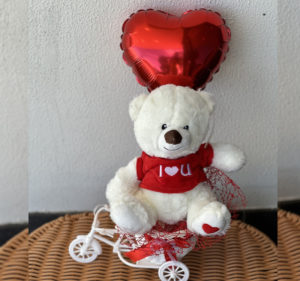 Gift basket of teddy bear and balloon (Love) on tri bicycle