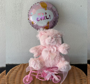 Gift basket of teddy bear and balloon (Baby Girl) on tri bicycle