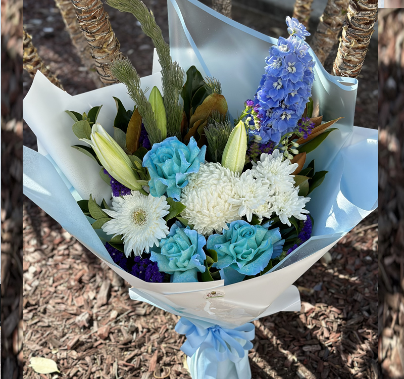 A bouquet of flowers featuring blue roses, white chrysanthemums, blue delphiniums, and lush green foliage, wrapped in blue and white paper, placed on a mulch ground.