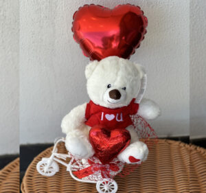 Love Teddy Bear, Heart Chocolate and Balloon Arranged on Container Flower Bike