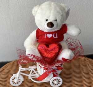 Love Teddy Bear and Heart Chocolate Arranged on Container Flower Bike