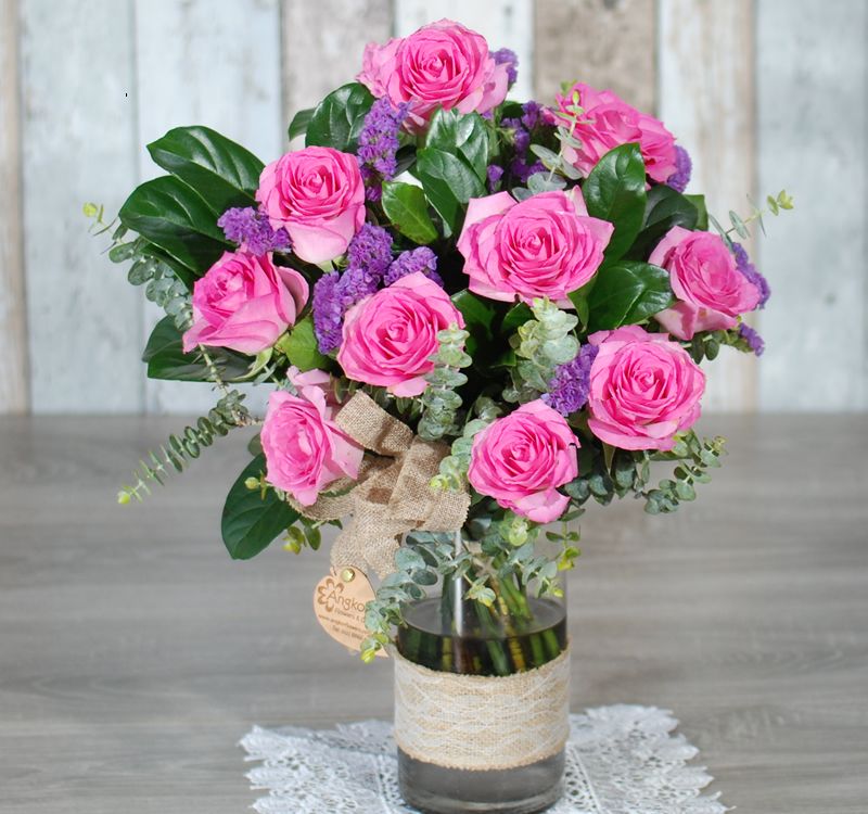 Pink Roses in Glass Vase