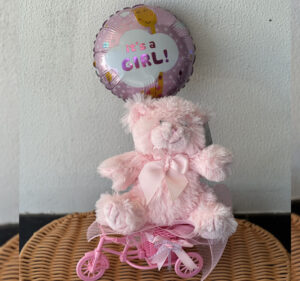 Pink Teddy Bear and Balloon Arranged in Containter Flower Pot