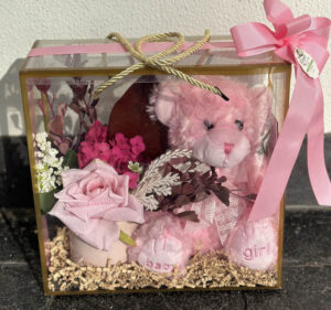 Pink Teddy Bear and Dried Flowers in Transparency Gift Box
