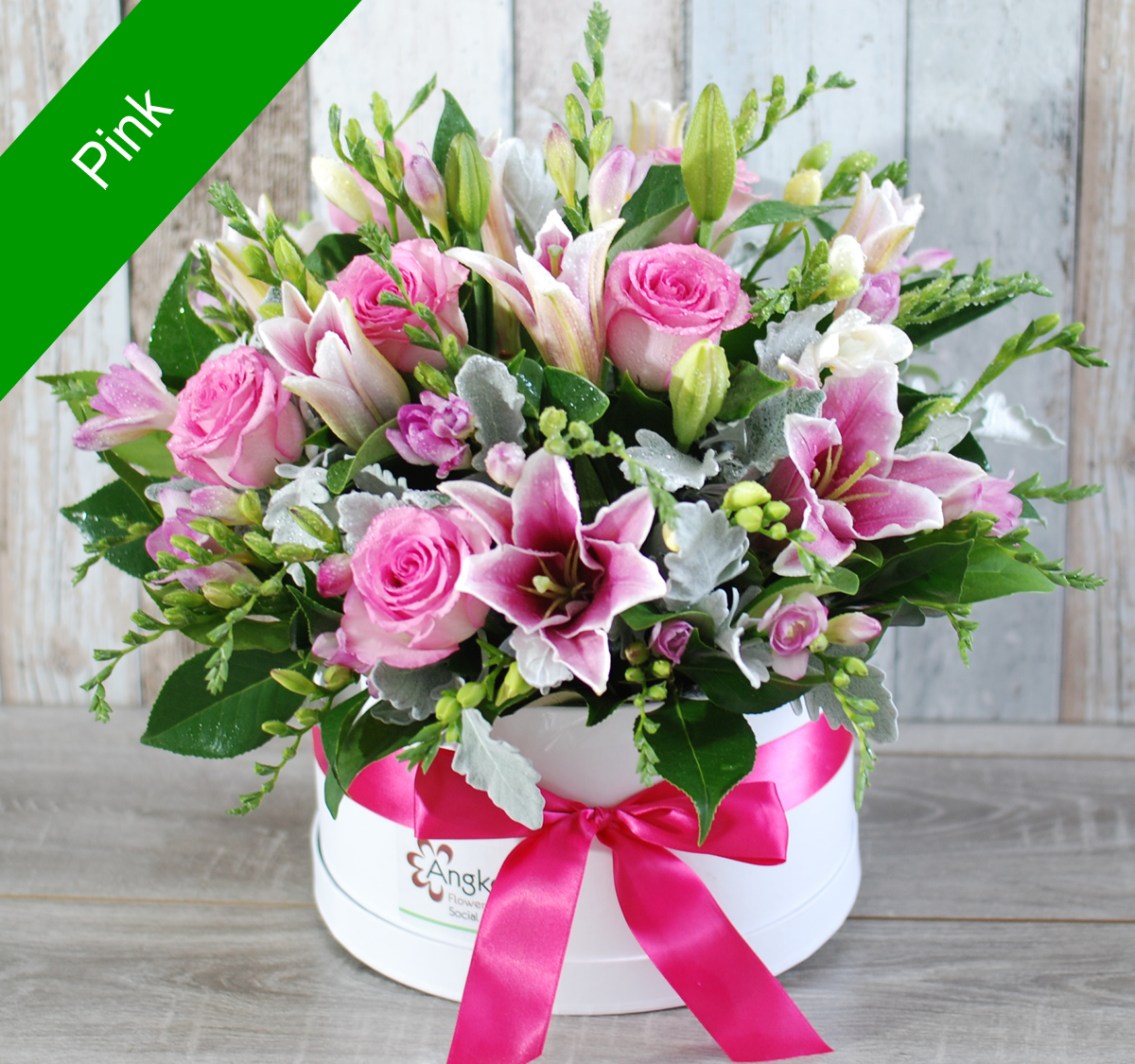 Stylish Hatbox Arrangement in Pink