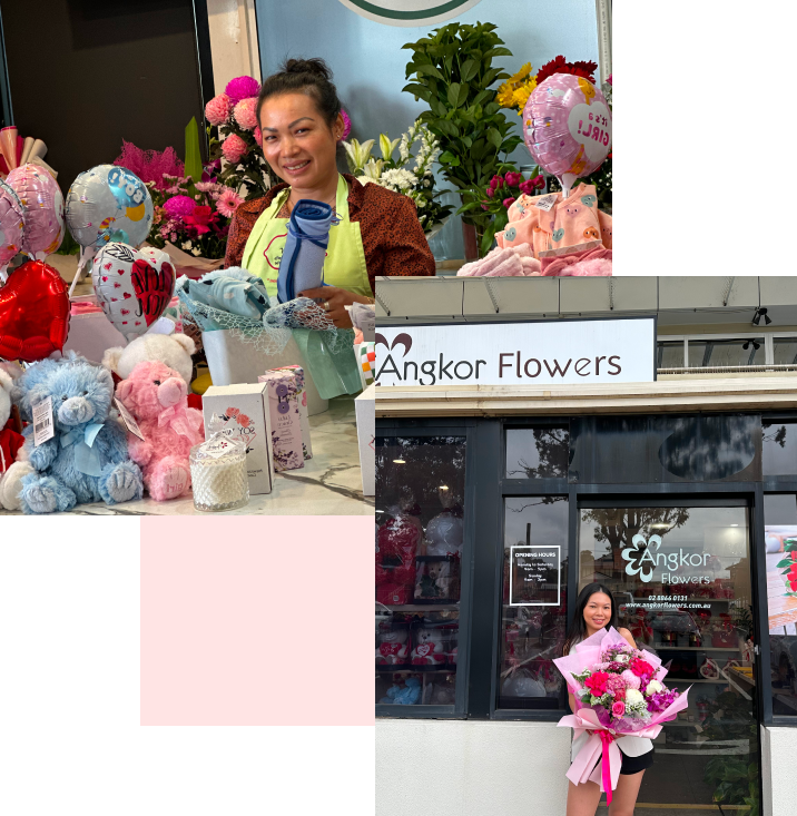 Two images: A florist standing near bouquets and gifts; a storefront labeled "Angkor Flowers" with a woman holding a large flower bouquet in front.