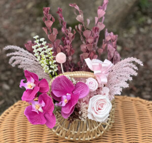 Everlasting Flowers Pink With Orchid in Elegant Shape Basket